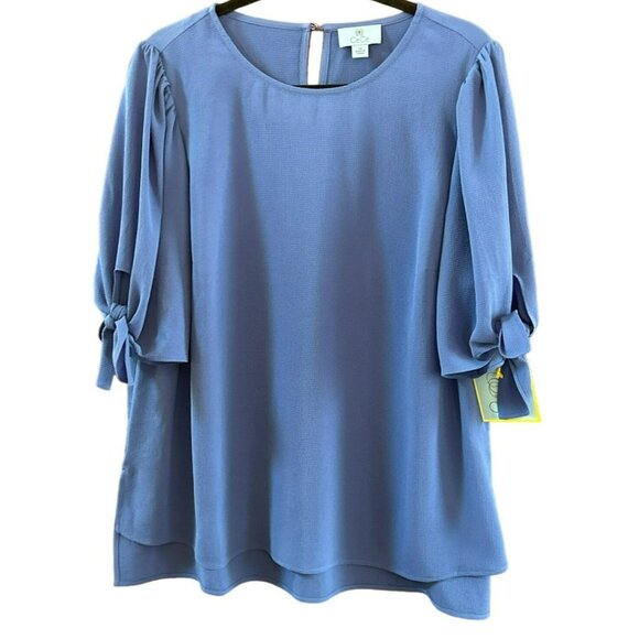 CeCe Women's Royal Blue Scoop Neck Plus Size Blouse 1X Twist Tie Sleeve NWT - Picture 1 of 3